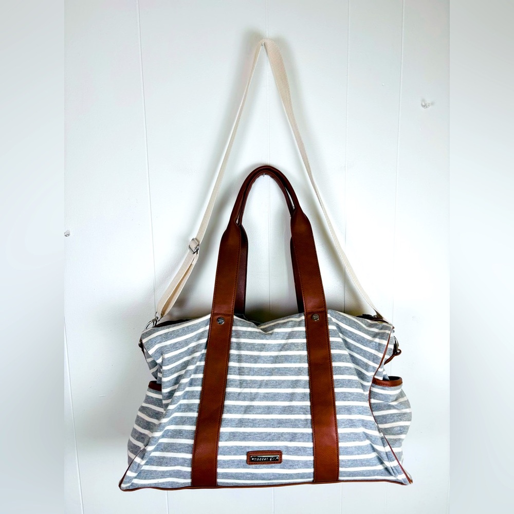 Madden‎ Girl Gray White Striped Jersey Knit Duffle Bag Removable Shoulder Strap